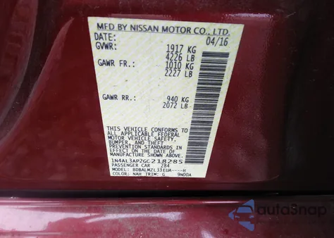 2016 Nissan Altima 2.5 Sv z USA, uszkodzony, nr VIN 1N4AL3AP2GC218285